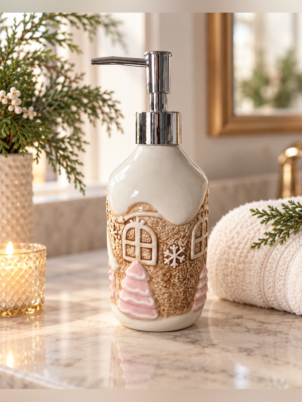 Gingerbread House Ceramic Soap Dispenser Pink Christmas Bathroom Decor